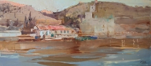 Balaklava Evening. Sea, Fishing Pier, Mountains - oil, canvas