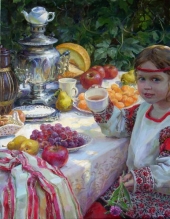 Autumn Still Life With Sonia At The Samovar - oil, canvas
